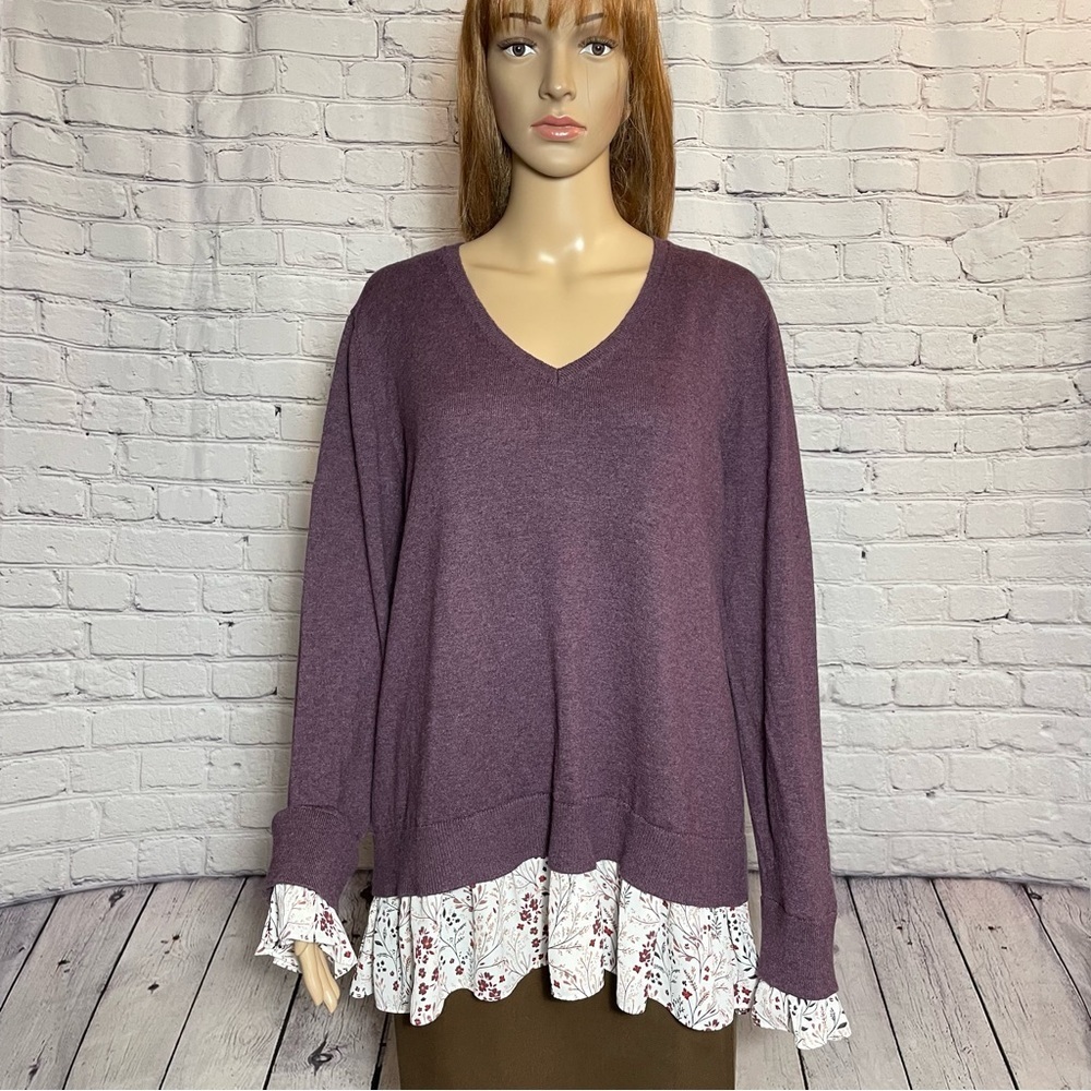 New Loft Purple Long Sleeve V Neck Floral Ruffles Sweater Size XXL